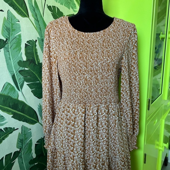 Mustard And White Floral Long Sleeve Smocked Top MIDI Dress L - Picture 2 of 5